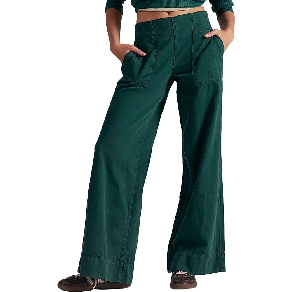 We The Free Breezy Denim Pull-On Wide Leg Pants L Large Green Pine Needle Jeans